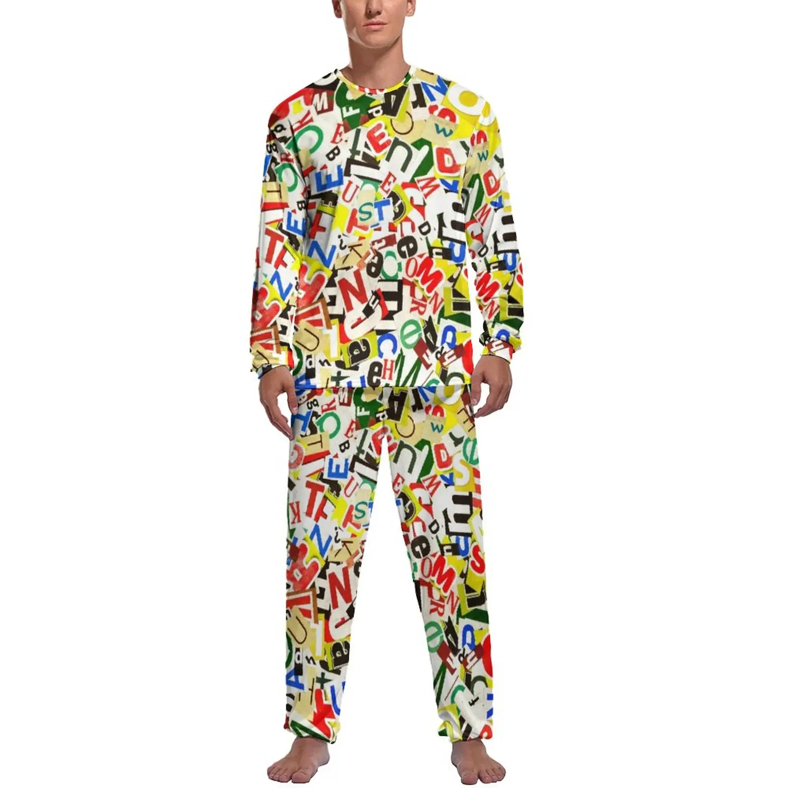 Abstract Letters Pajamas Spring 2 Piece Colorful Alphabet Lovely Pajamas Set Male Long Sleeves Home Graphic Nightwear