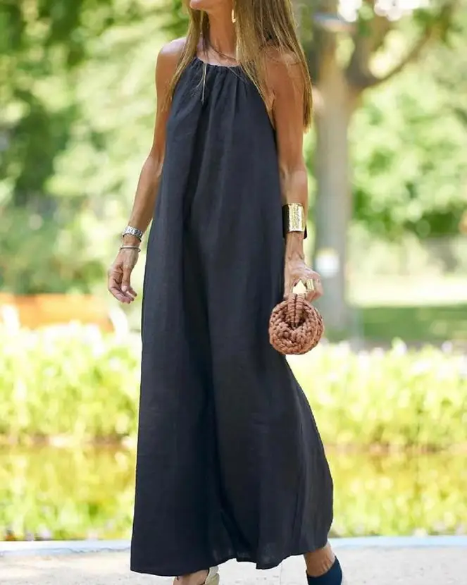 

Dresses for Women 2023 Summer Fashion Round Neck Sleeveless Casual Daily Vacation Lady Loose Straight Maxi Dress