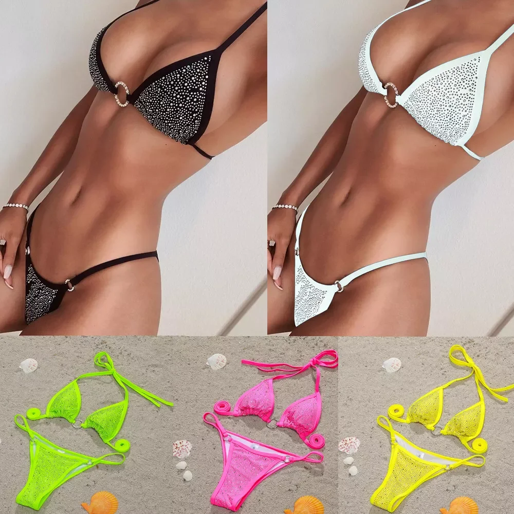 

Shiny Rhinestone White Swimsuit Women Sexy Bandage Halterneck Triangle Push Up Bikini Set Woman Mini Tiny String Thong Swimwear