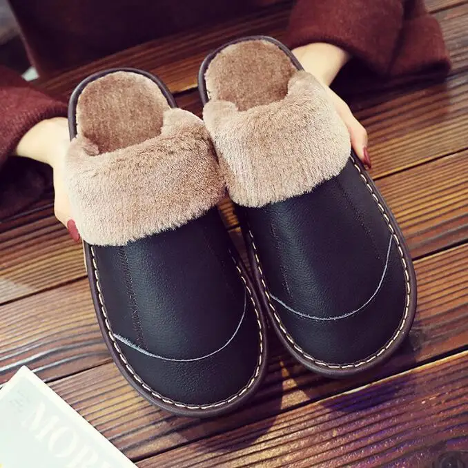 Мужские домашние тапочки из искусственной кожи сланцы искусственный мех черные