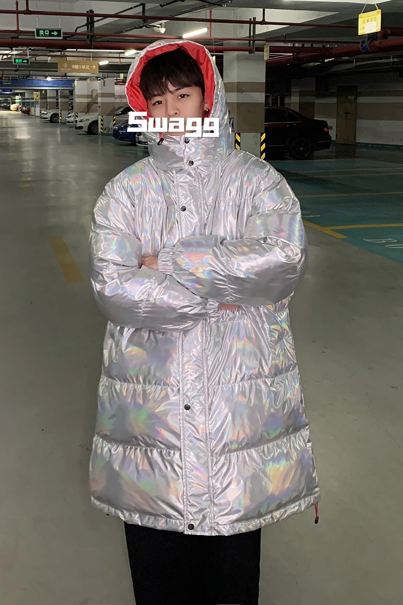 Bright Reflective Long Puffer Jacket for Men Winter Fashion Trends Teen Warm Clothing Removable Wings on Hip Hop Coat Streetwear