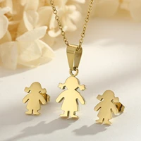 stainless steel cartoon girls jewelry set for women fashion gold color necklace and stud earrings jewelry party gift