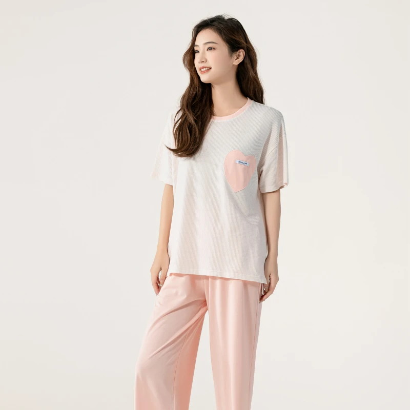 New Style of Women's Pajamas Summer Plaid Short-sleeved Trousers Casual Comfortable and Elastic Home Suit Can Be Worn Outside