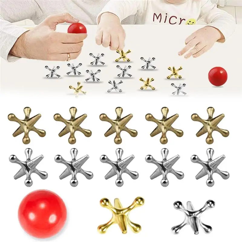 11pcs/set Retro Metal Jacks and Ball Game Toy Gold Silver Toned Jacks with Red Rubber Bouncy Balls Big Jacks Toy Set for Kids