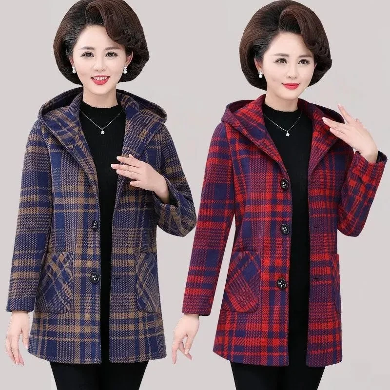 

2022 Spring Autumn New Woolen Coat Female Middle-aged Mother Wear Large Size Hooded Wool Jacket Fashion Slim All-match Outerwear