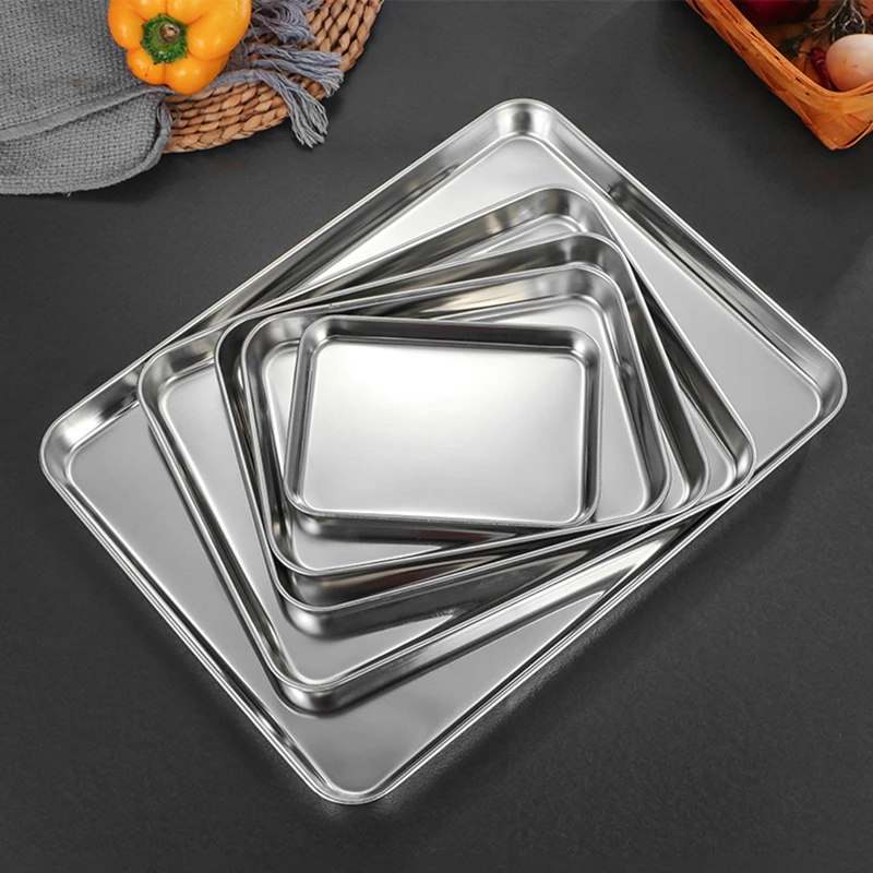 

Stainless Steel Food Storage Trays Rectangle Steamed Sausage Fruit Pans Water Bread Kitchen Baking Shallow Dish Serving Plate