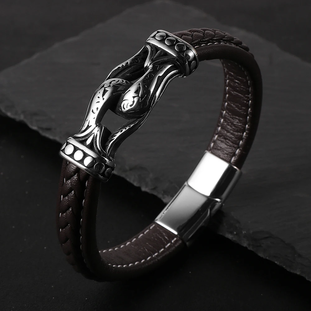 

Retro Stainless Steel Anchor Knot Real Leather Bracelet Magnetic Clasp Pulsera Hombre Acero Inoxidable Clasp Wristband Jewelry