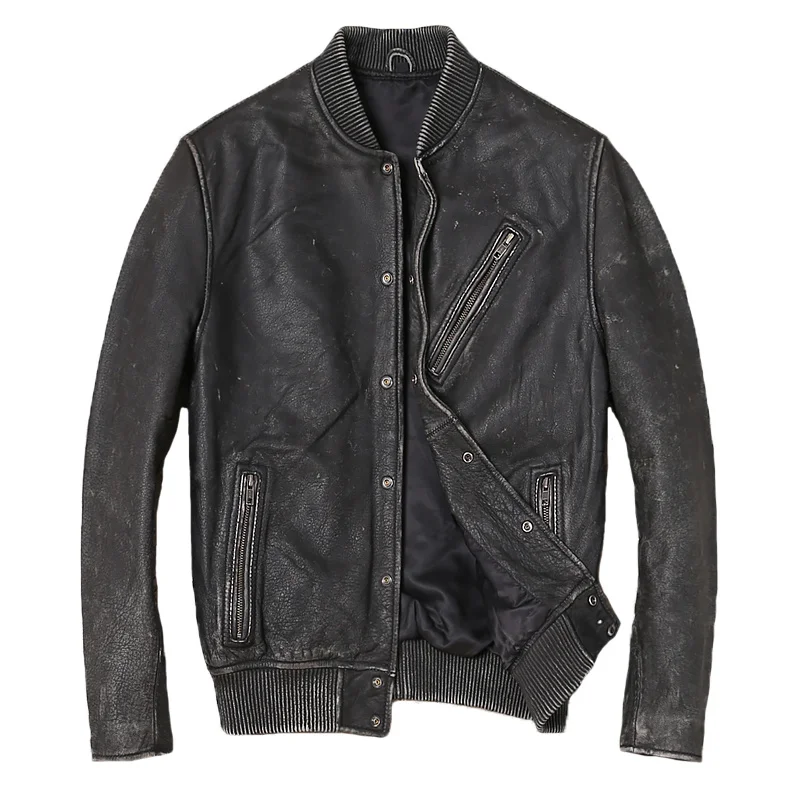 

Mens Genuine Leather Jacket Top Layer Cowhide Retro Distressed Motorcycle Leather Jacket Baseball Uniform Slim Leather Coat