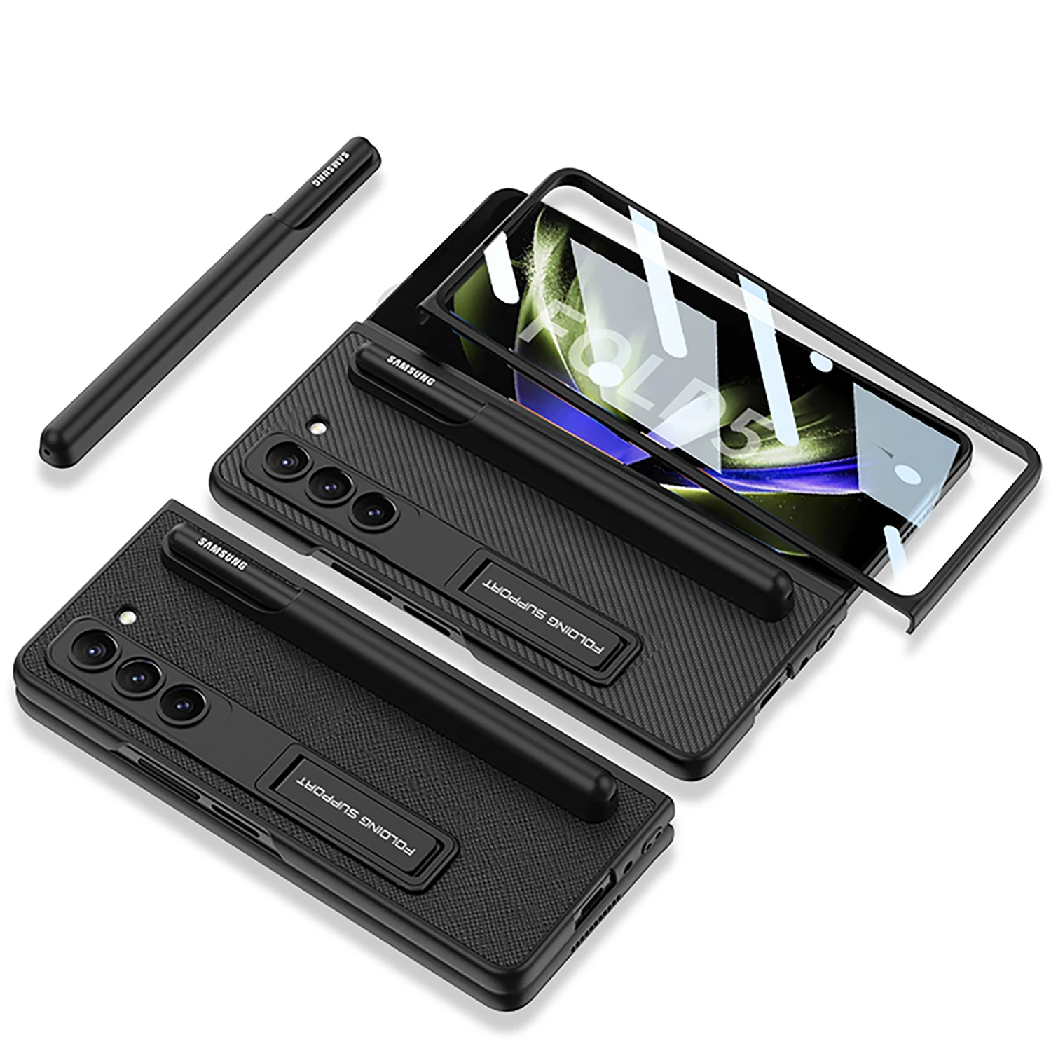 Slim Pen Holder Case For Samsung Galaxy Z Fold5 Fold4 Fold3 5G Leather Skin Bracket Hard Plastic Cover Glass Film Protector Capa