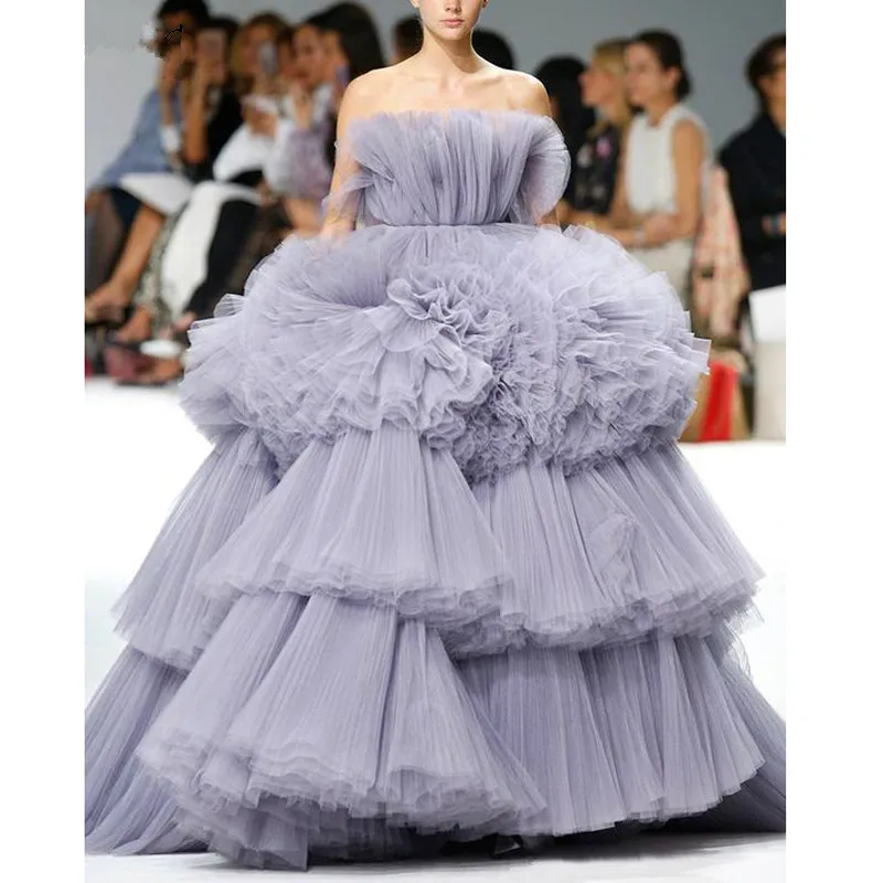 

Amazing 2022 New Prom Dresses Ball Gown Tiered Ruffled Tulle Purple Unique Evening Dress Strapless Celebrity Pageant Gowns