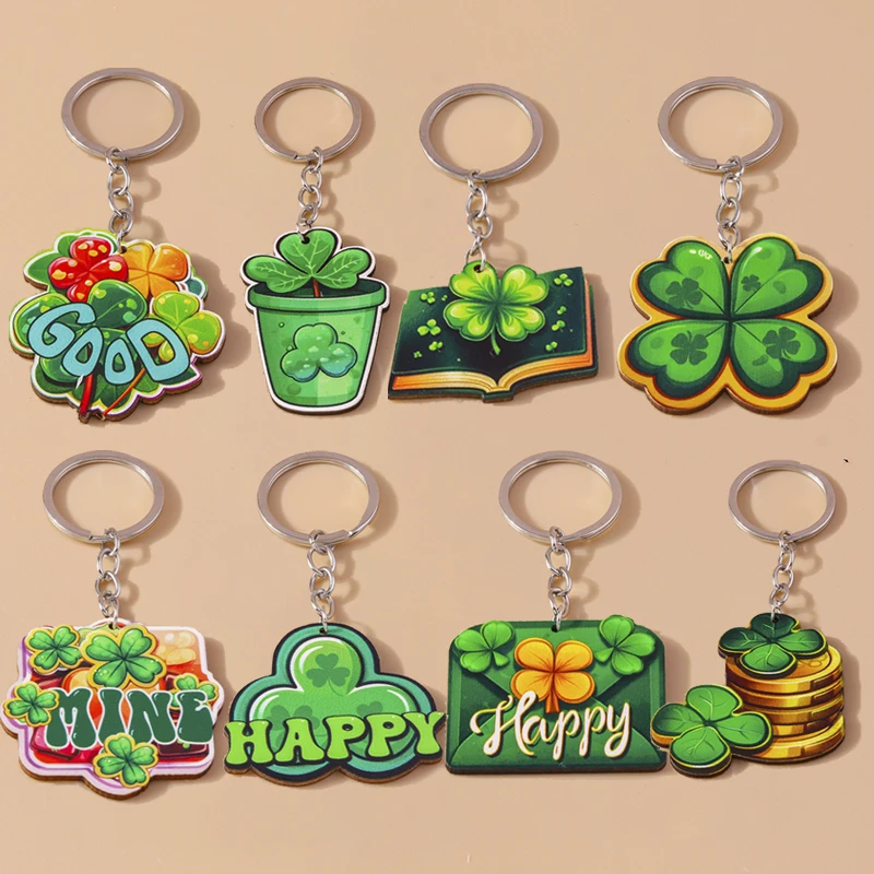 Fashion Saint Patrick's Day Clover Keychain Lucky Shamrock Key Ring Pendants for Women Girl Handbag Decor Jewelry Accessories