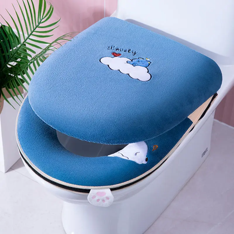 

2 Pcs Set Toilet Seat Cushion Toilet Seat for Household All Seasons Waterproof and Thickened Toilet Cover with Handle Zipper