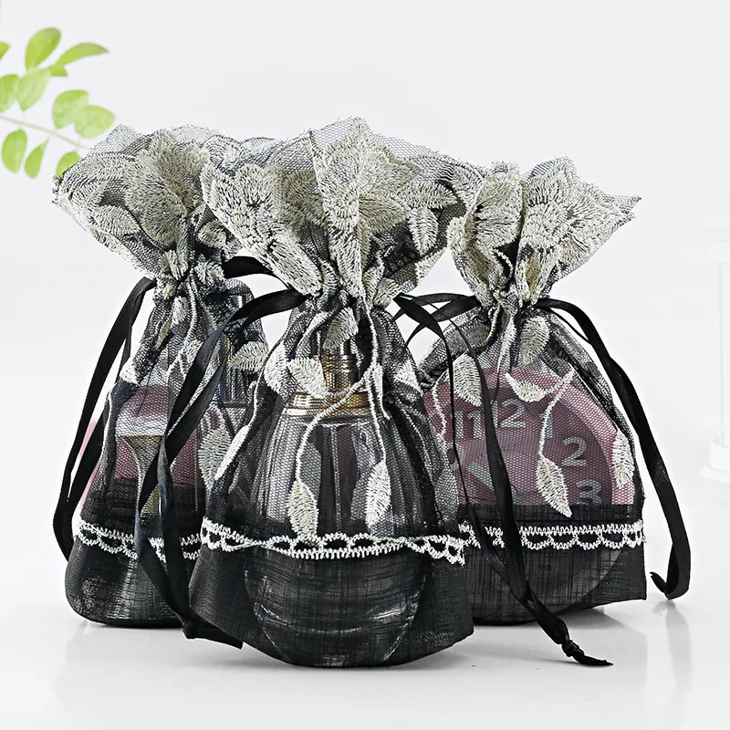 

6pcs 13X18cm High-end Creative Black Gold Willow Leaf Printed Jewelry Candy Gift Bags Drawstring Pocket Organza Bag Party Favors