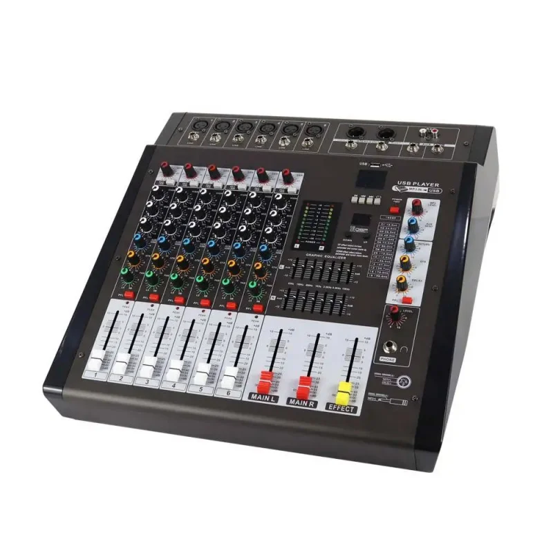 Фото DMX-6 6-канальный USB-микшер с 16 DSP-эффектами, 350 Вт, мощный микшерный пульт, металлический корпус, для живого звука, новинка №3