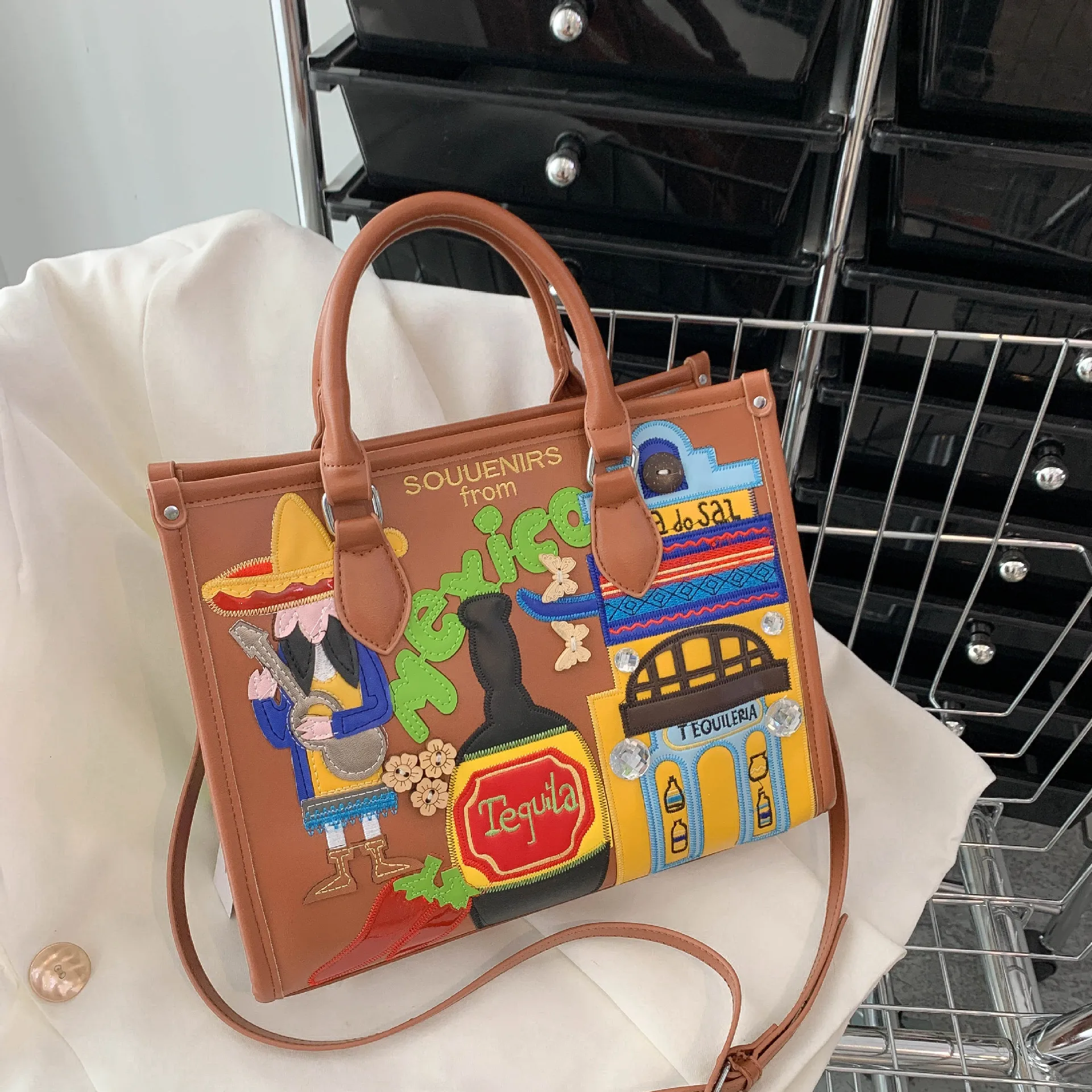 Women Bags Leather Embroidery Purse Handbags Shoulder Bags Crossbody Bag Tote Braccialini Style Cartoon Mexican Landscape