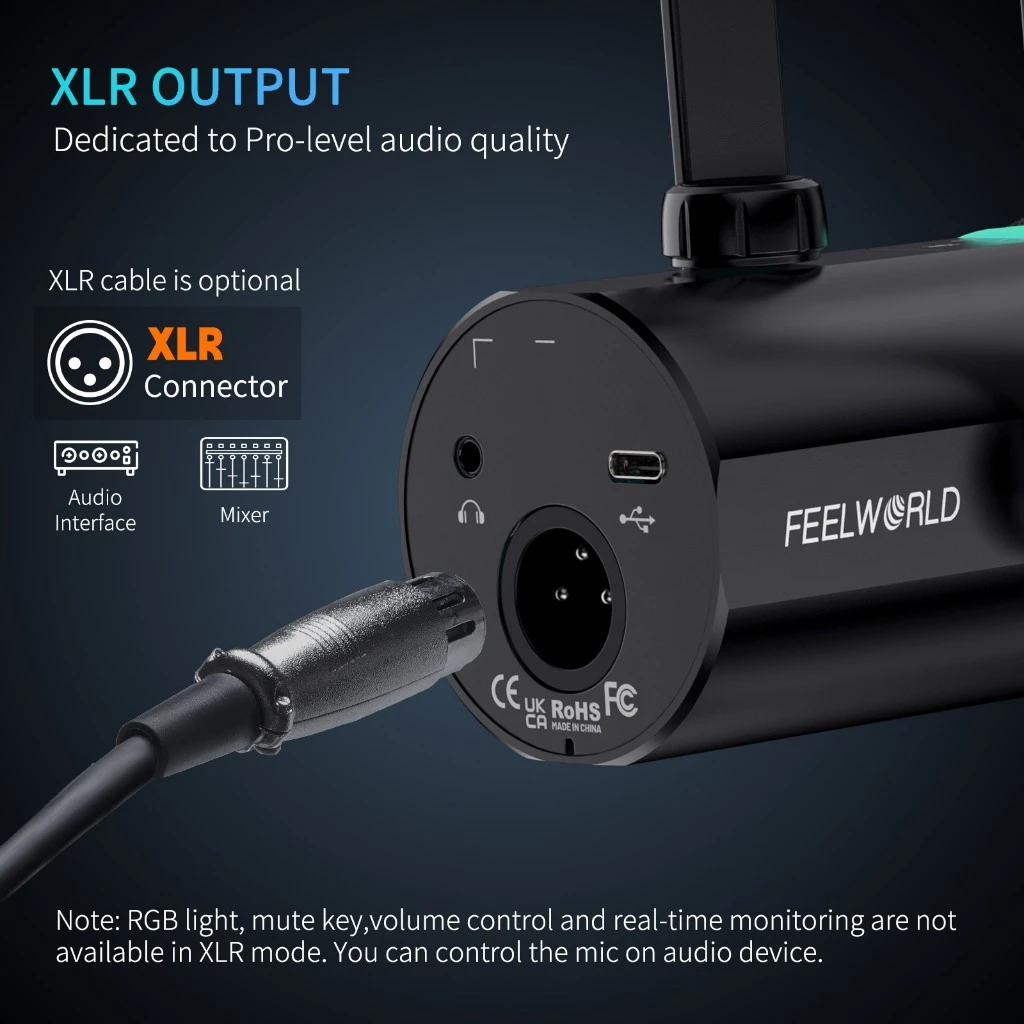 Фото FEELWORLD XLR/USB динамический микрофон PM1 для записи подкастинга, игровой прямой трансляции №3