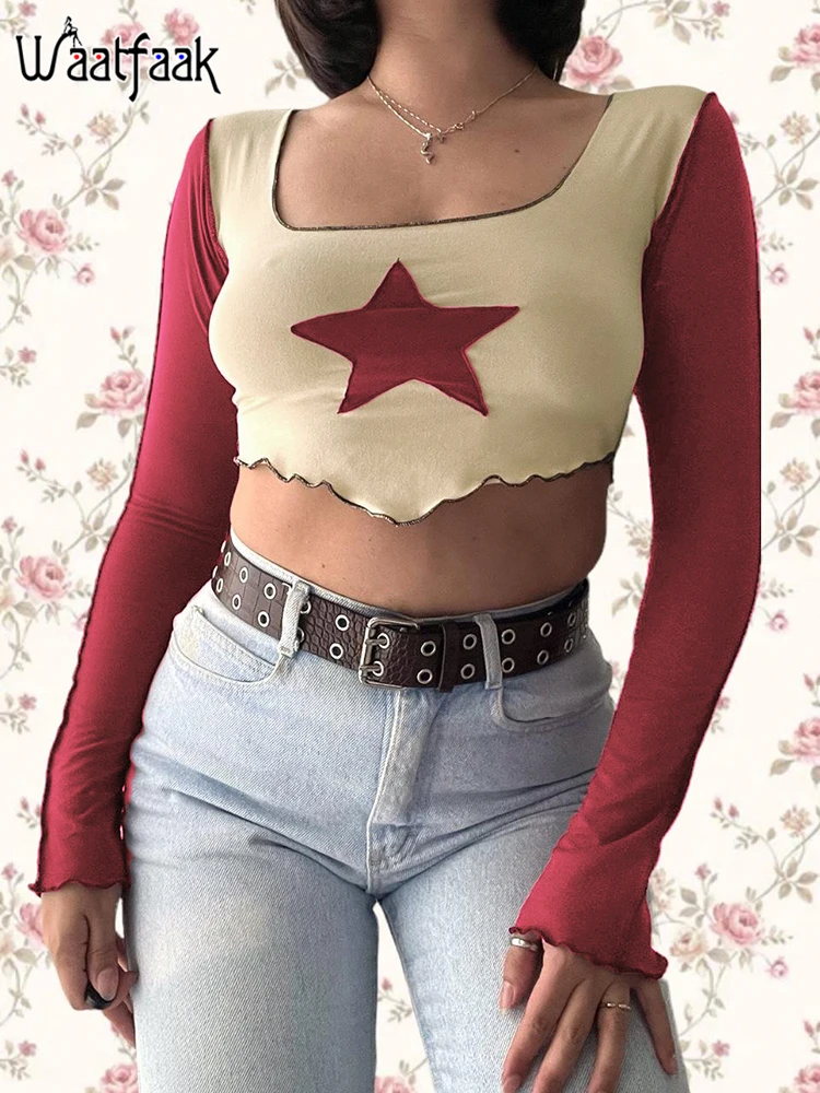 

УКОРОЧЕННЫЙ ТОП Waatfaak в стиле пэчворк с квадратным воротником, Y2K, эстетичный Повседневный контрастный винтажный Ретро стиль, стиль Харадзюк...