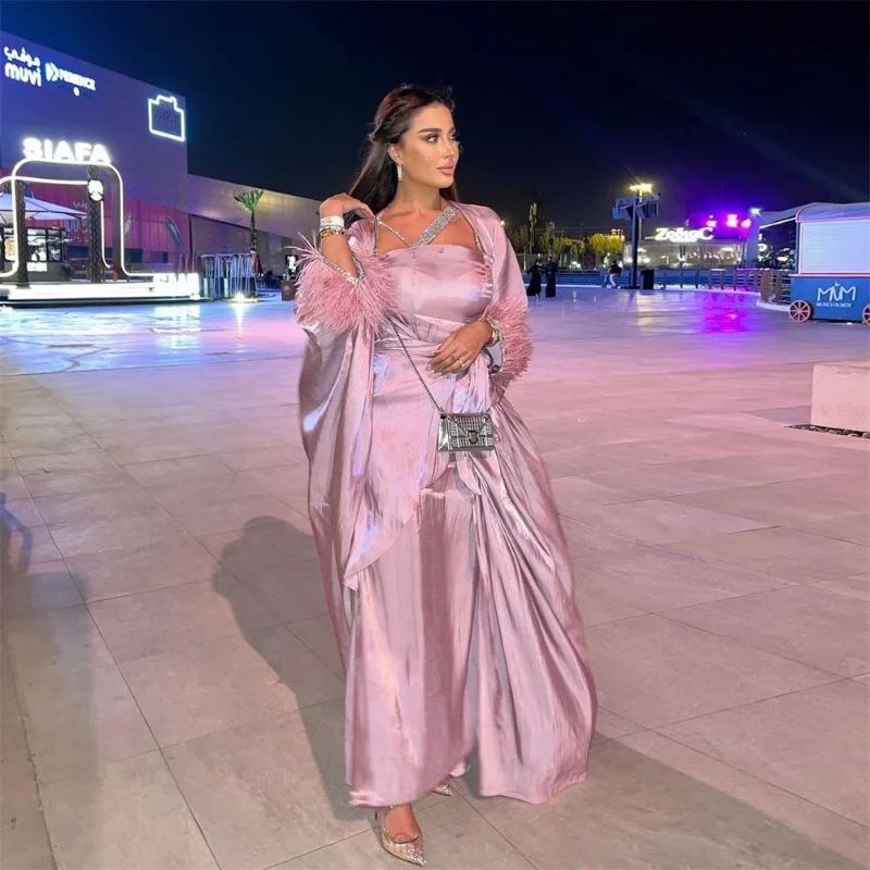 Women Muslim Sets Rhinestone Feather Sleeve Silk Satin Solid Color Open Front Outerwear Abaya Turkish Dress 3pcs Arabic Clothes