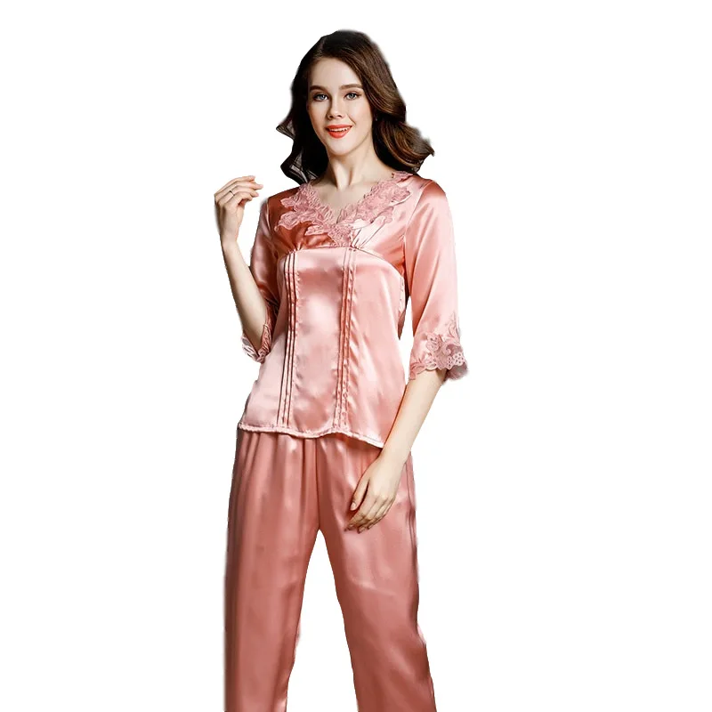 2022 NEW Summer 22mm 100%Silk Pajamas Set Women Silk Homewear Sleepwear Pink Pearl High Quality Clothing