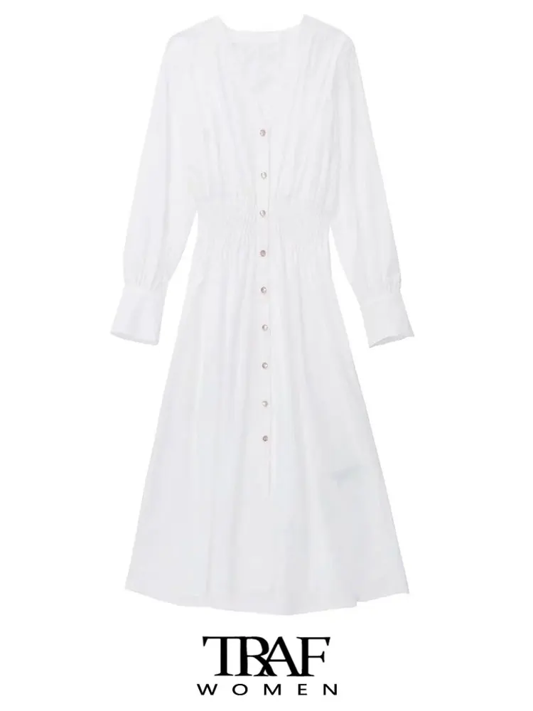 

TRAF Women Fashion Front Buttons Poplin White Midi Shirt Dress Vintage Long Sleeve Elastic Waist Female Dresses Vestidos