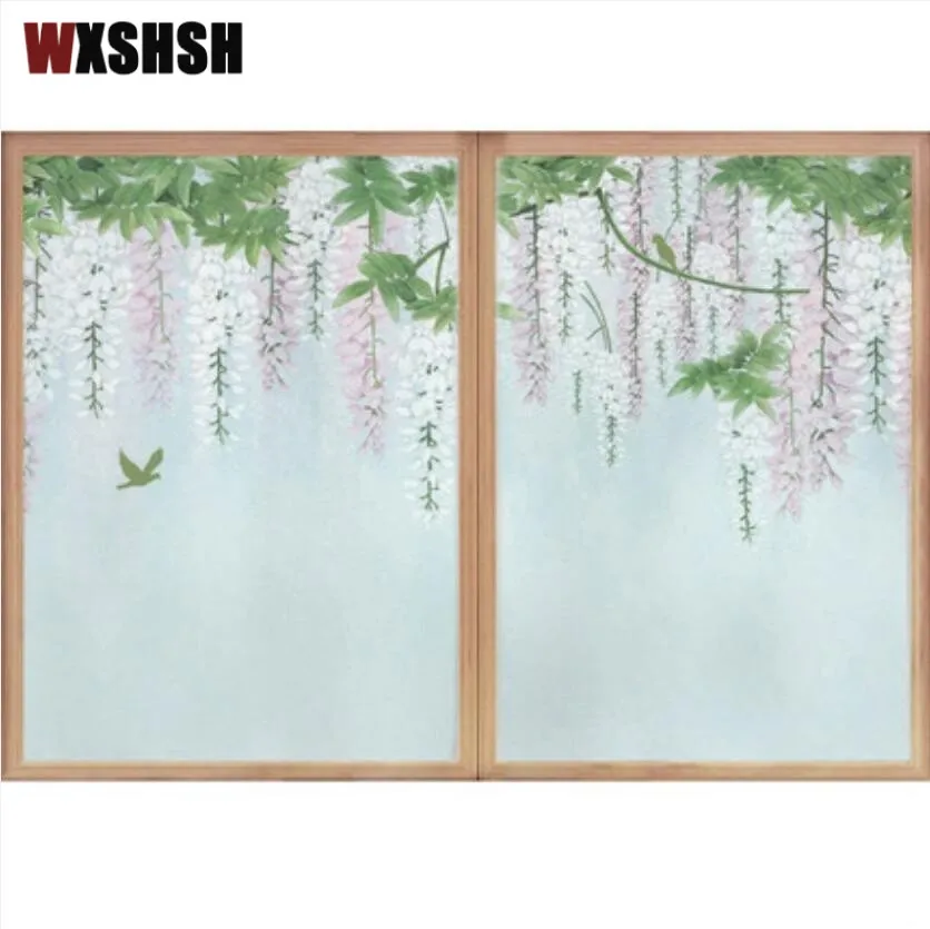 Статическая липкая стеклянная пленка Размер под заказ Рисунок глицинии многоразовая раамфолия прочная оконная наклейка для Дома Офиса ресторана рынка