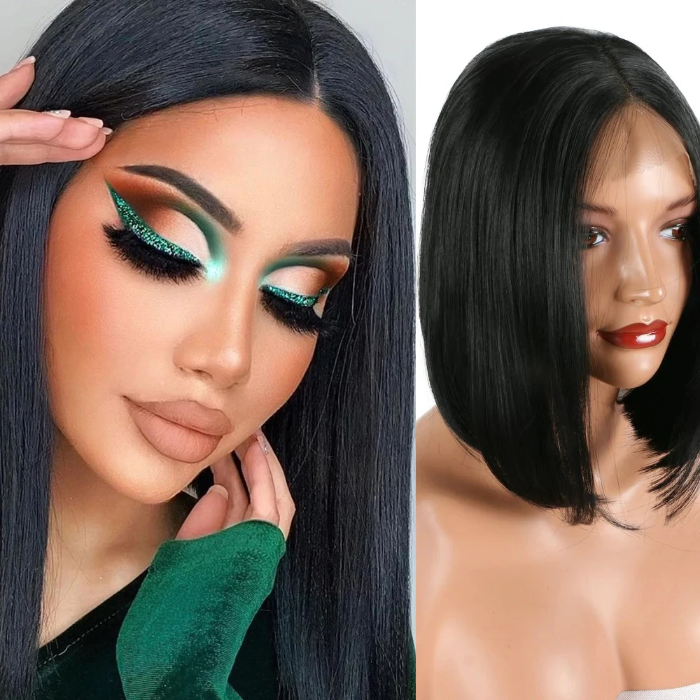 

Straight Natural Black Color Short Cut Bob Synthetic Hair Lace Front Wig For Women High Temperature Fiber Wigs Glueless Daily