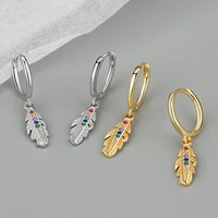 french light luxury earrings high end womens earrings metal feather colored stone zircon earrings earrings gift