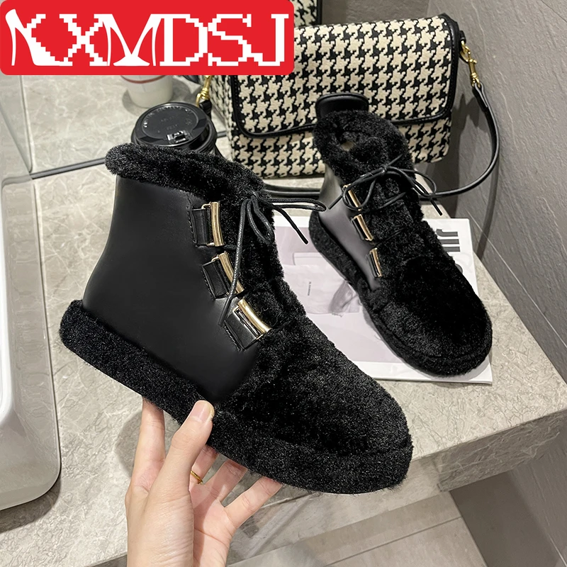 

Женские зимние ботинки на плоской подошве, новая модель 2021 года, Корейская версия, меховые ботинки с хлопковой подкладкой, короткие ботинки ...