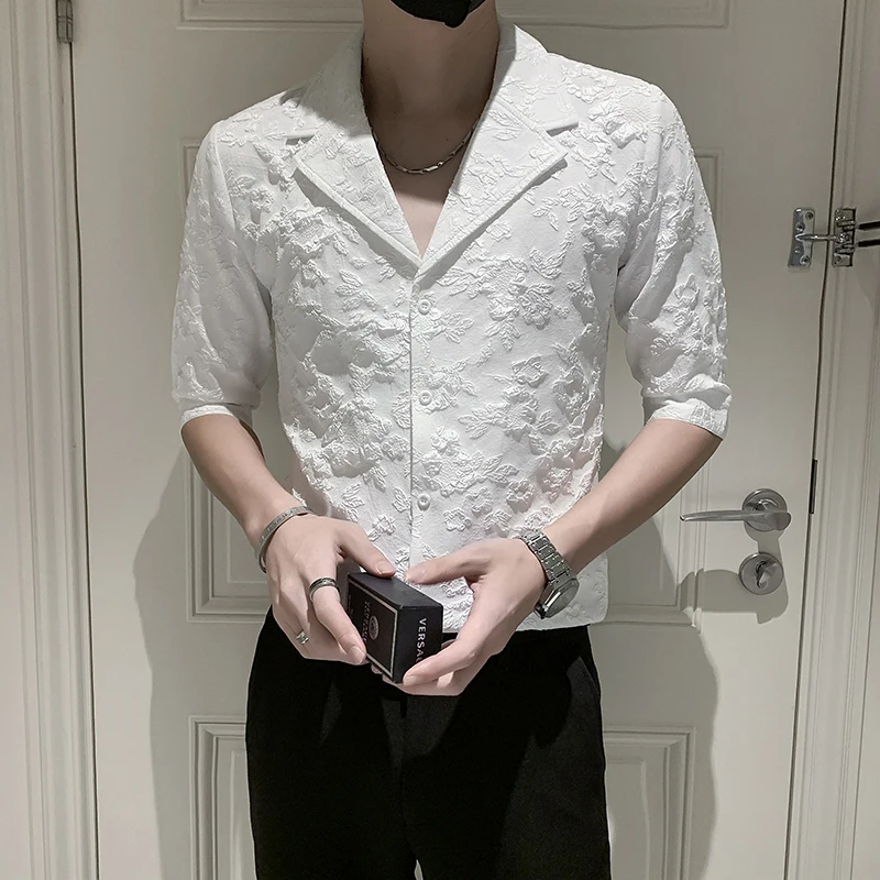 2022 V-Neck Shirts Men Half Sleeve Casual Shirt Sexy Chemise Homme Social Party Tuxedo Nightclub Jacquard Black White Shirt Male