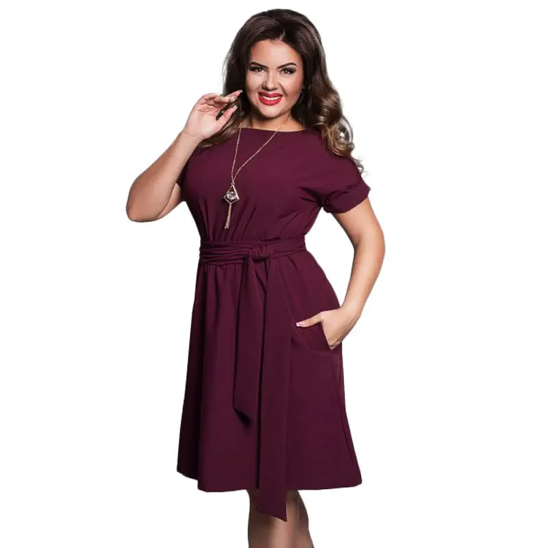 

Big size 6XL Woman dress 2022 Summer Loose solid knee dresses Fat MM plus size women clothing 6xl dress with sash