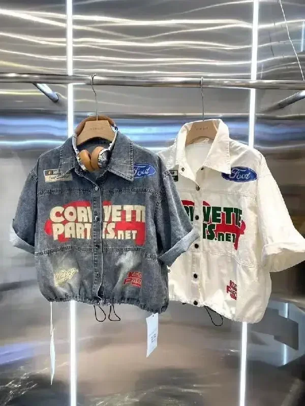 Личность тренд модная джинсовая рубашка 2024 женская короткая летняя повседневная