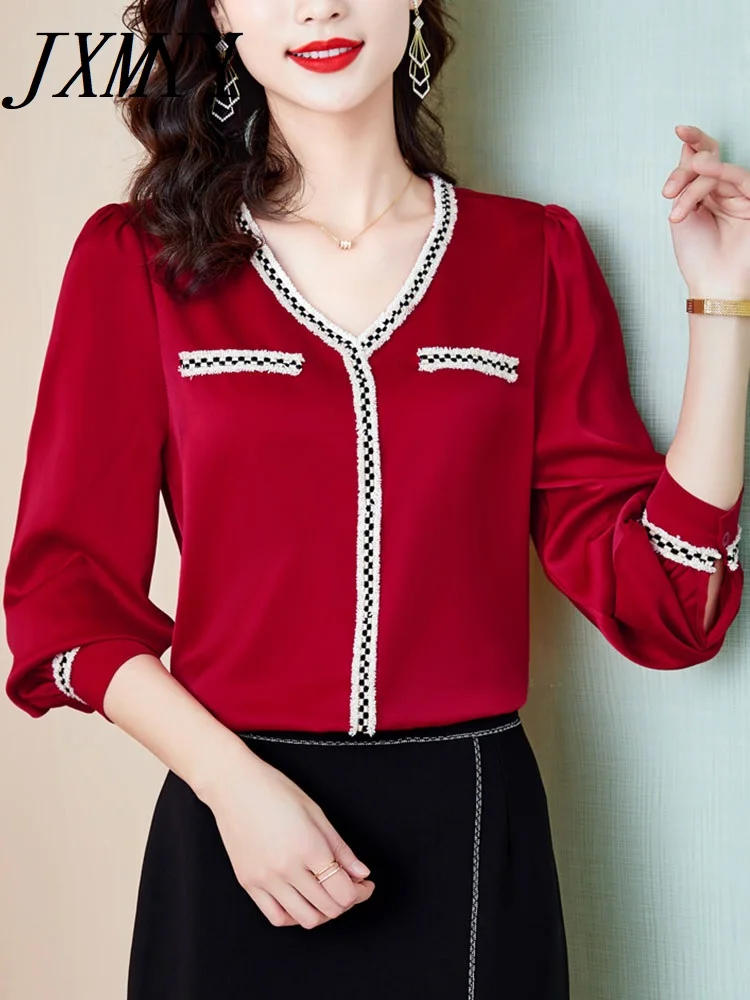 

JXMYY 2022 Spring And Autumn New Fashion All-Match Temperament V-Neck Stitching Long-Sleeved Bottoming Shirt Women's Top