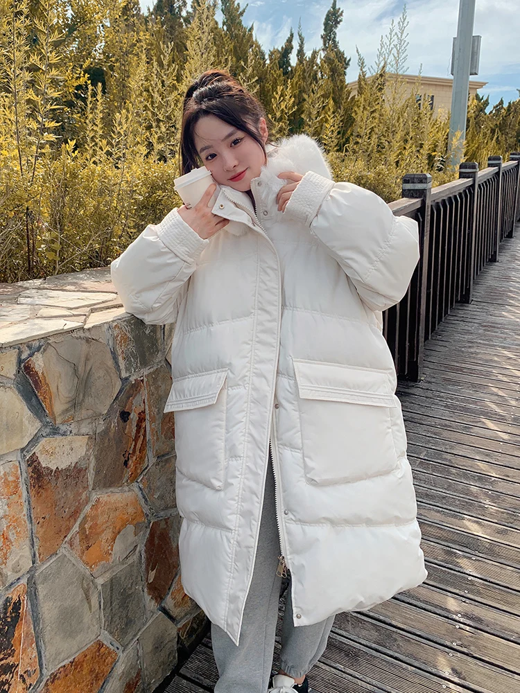 2022 Winter Hooded Fur Collar Long Parkas Mujer Thick Warm Down Cotton Padded Jacket Women Casual Hoodies Oversize Coat Female