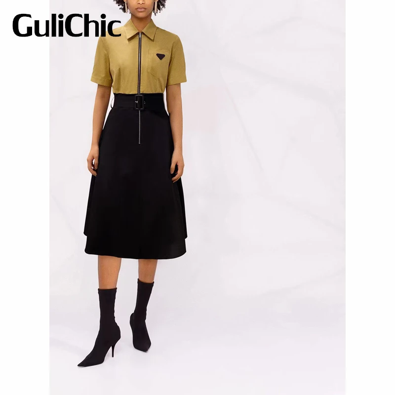 

1.7 GuliChic Women Casual Fashion Turn Down Collar Short Sleeve Zipper With Belt Collect Waist Cotton Dress