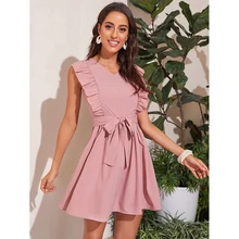 Casual sólido algodão vestido de cintura alta babados oco costura a linha vestido da senhora do escritório sem mangas vestido de mulher de verão novo (4)