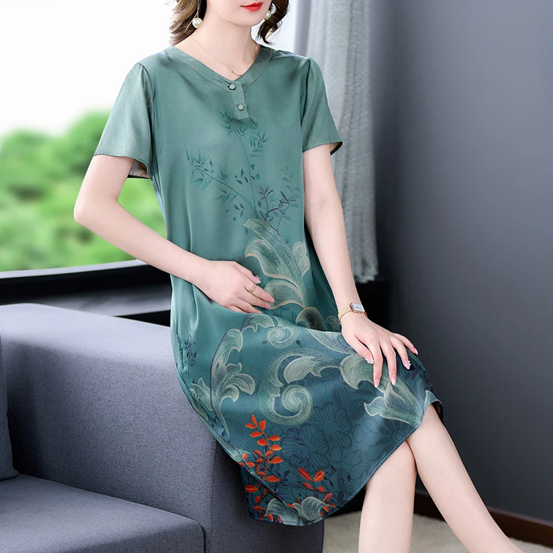 

Women Floral Natural Silk Satin Midi Dress Summer Short Sleeve V-Neck Elegant Robe 2022 Korea Vintage Loose Party Evening Dress