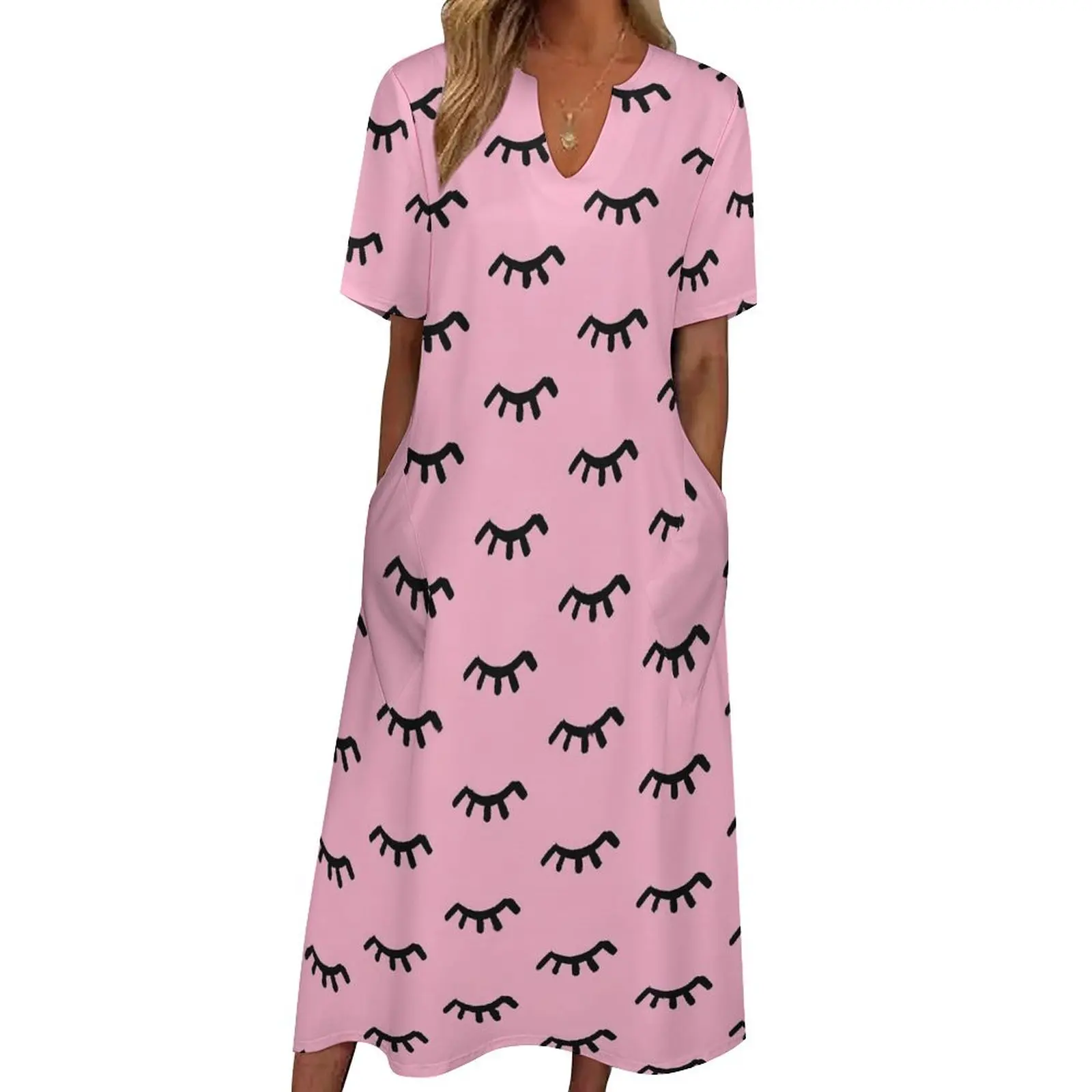

Eyelashes Dress Cartoon Closed Eyes Modern Maxi Dress V Neck Design Casual Long Dresses Street Style Oversize Vestido