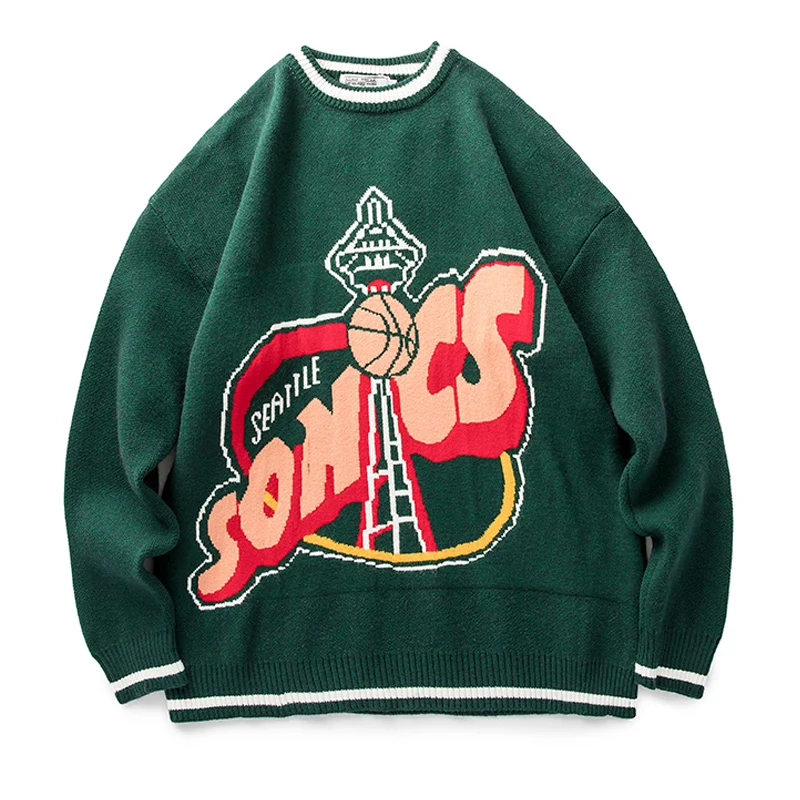 

Vintage Knitted Sweater Men Green Letter Print Striped Pullover Women Harajuku College Style Jumpers Streetwear Spring Autumn