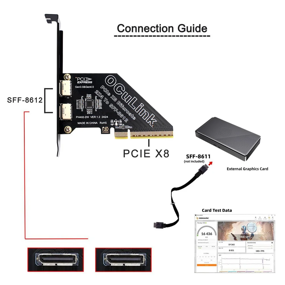 Фото PCI-Express 4.0 PCIE 8X Съемный адаптер для двойной Oculink SFF-8612/8611 VROC Raid0 для U.2 SSD eGPU Внешняя док-станция для видеокарты №1