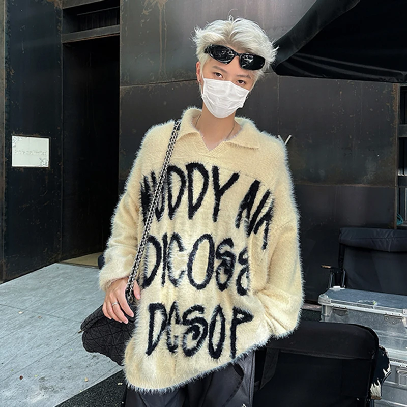 FEWQ Американский контрастный цветной норковый мех мужской свитер с надписью