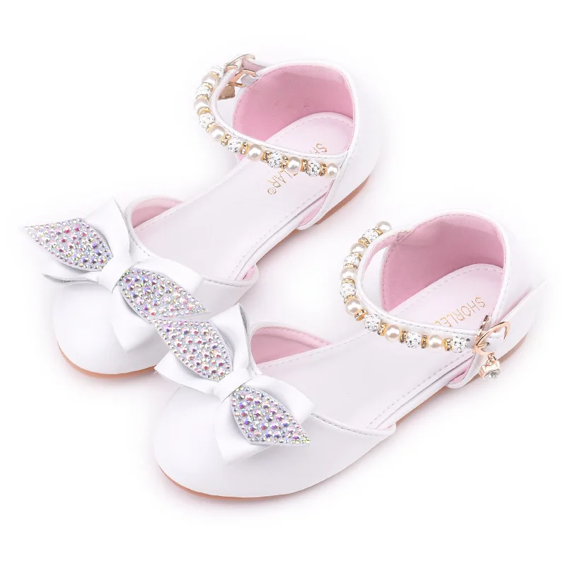 

Girls Sandals 2022 Spring and Autumn New Fashion Kids Cute Princess Britain Style Covered Toes Baby Soft Pearls Party Shoes Bow