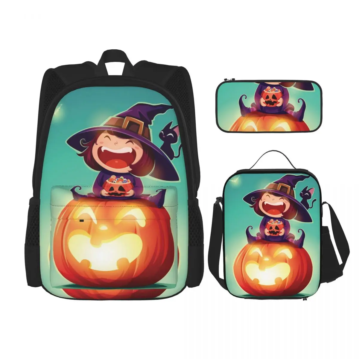 

3 Pcs/Set School Backpack for Girls Children Schoolbags Kids School Pencil Case Lunchbox Halloween Little Witch Girl Kid