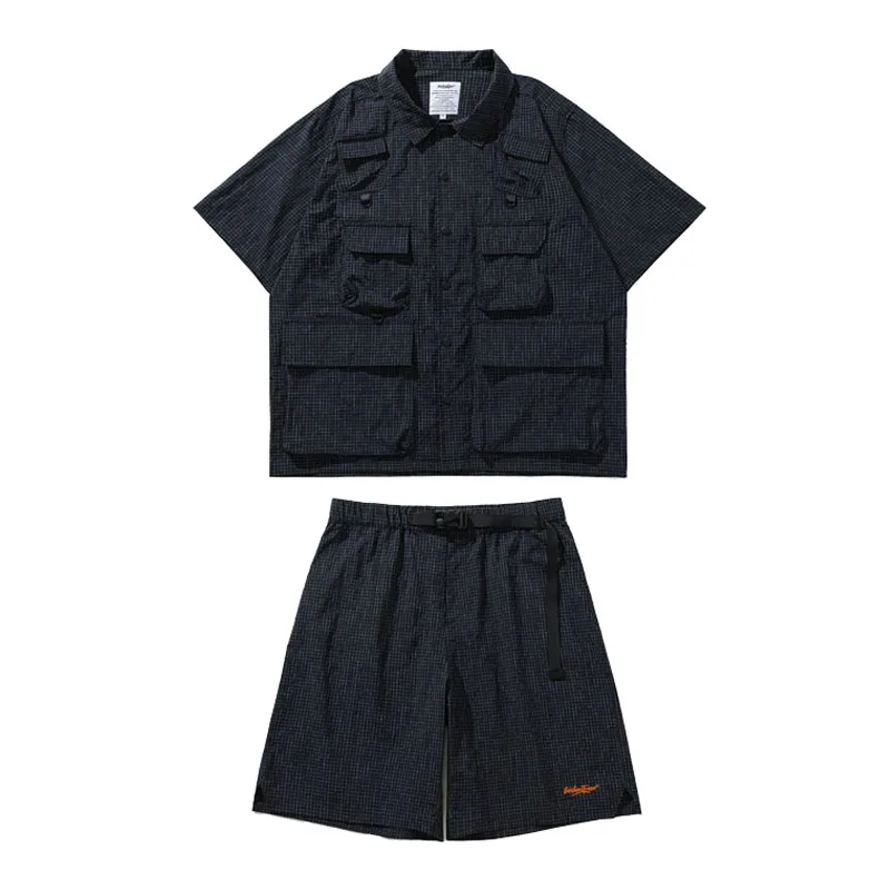 Summer Outdoor Functional Wind Three Prevention Fabric Men's Wear Mens Clothes Multi Pocket Loose Shirt Shorts Set
