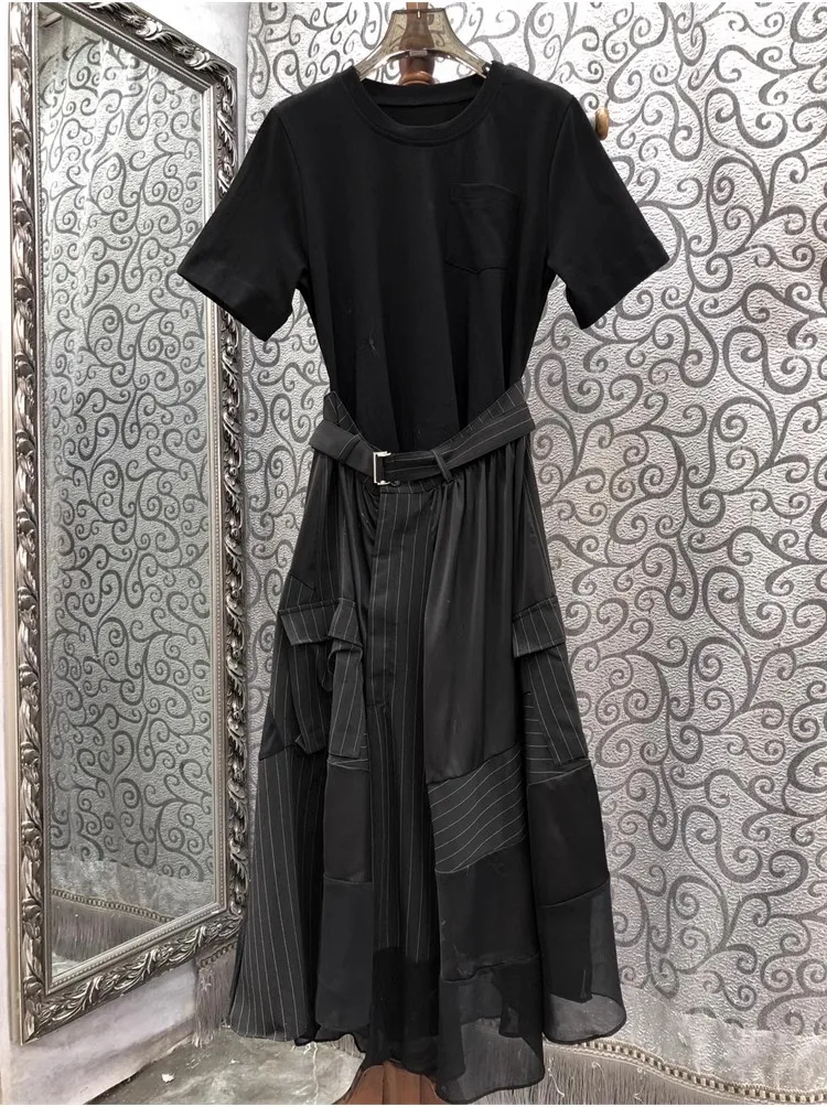 Женское платье-футболка в полоску длинное с коротким рукавом стиле пэчворк лето