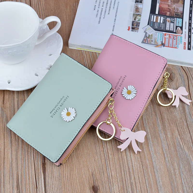 

New Fashion Women Short Wallets Design Small Daisy Card Holder High Quality PU Coin Purse Simple Zipper Money Bag Wallets