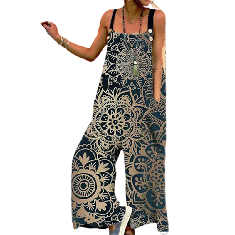 Fashion Women Jumpsuits 2022 Spring Summer Printed Wide Leg Overalls Casual Sleeveless Loose Button Up Rompers Pockets Jumpsuits