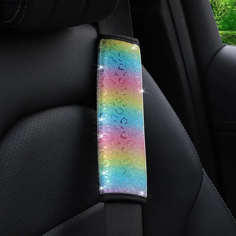 

Multicolor Seat Belt Cover Leopard Print Personalized Diving Fabric Comfortable Seat Belt Decor Rainbow Shoulder Strap Car Auto