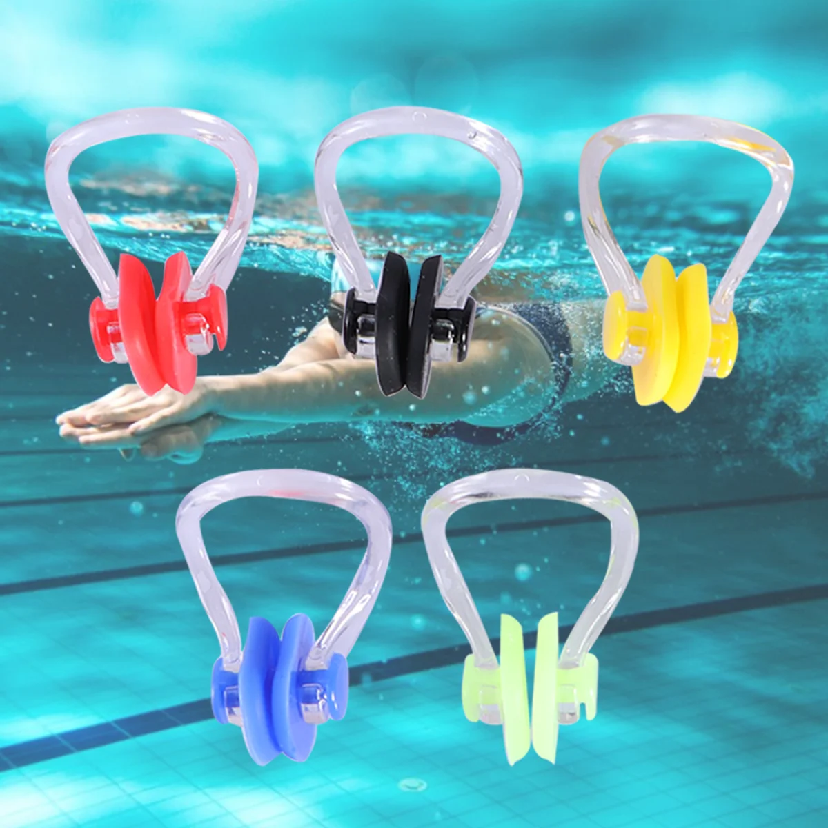 

5Pcs Nose Clips Anti-slip Portable Practical Waterproof Swimming Silicone Nose Clips (Black Red Blue Green and Yellow)