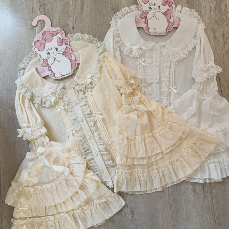 Фото Женские японские рубашки в стиле Sweet Lolita, винтажные блузки Y2K с кружевом и бантом, с отстегивающимися рукавами, одежда для девочек, милые топы Kawaii №1