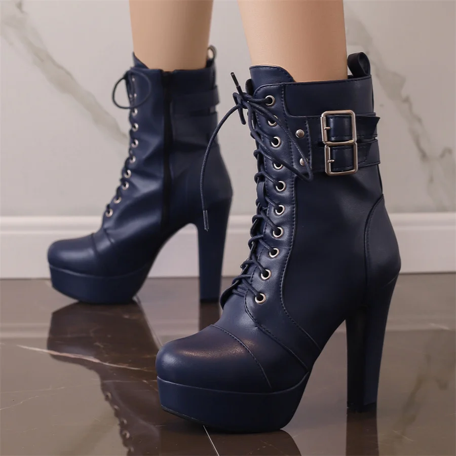 

Platform Women Shoes 2023 Fashion Super High Heel Lace-Up Plus Size 50 Elegance Party Round Toe Classic Ankle Boots Dropshopping